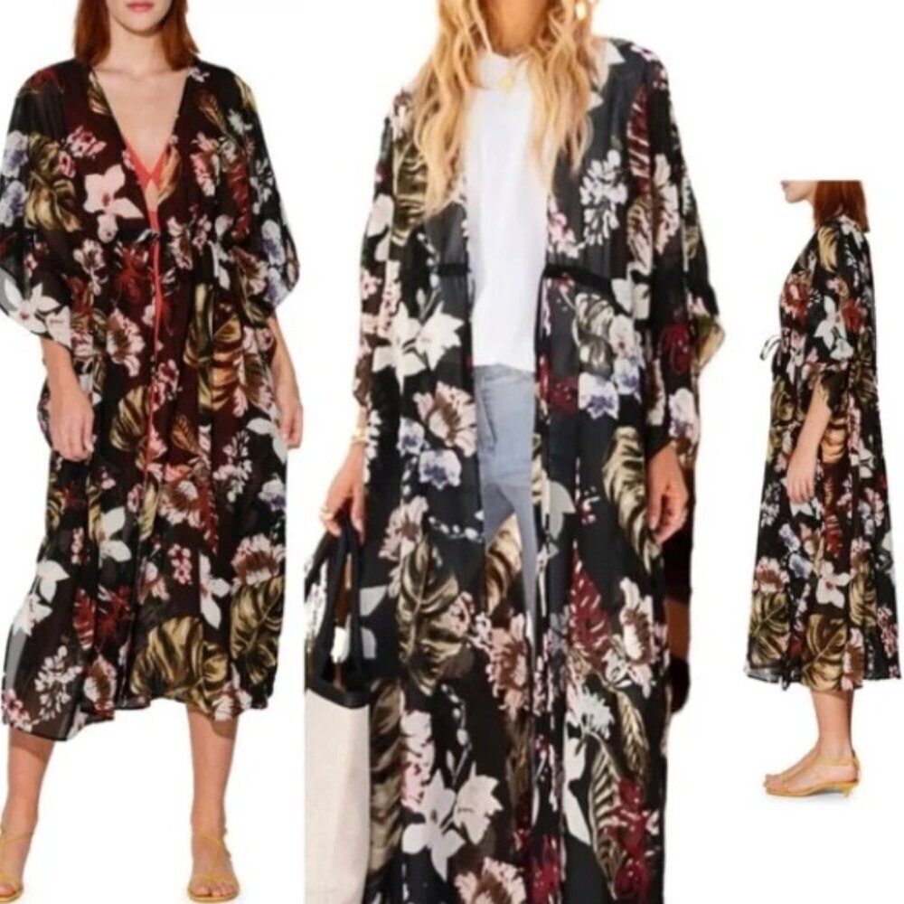 Walter Baker Tulum Drawstring Waist Caftan Black Floral Print Sheer One Size